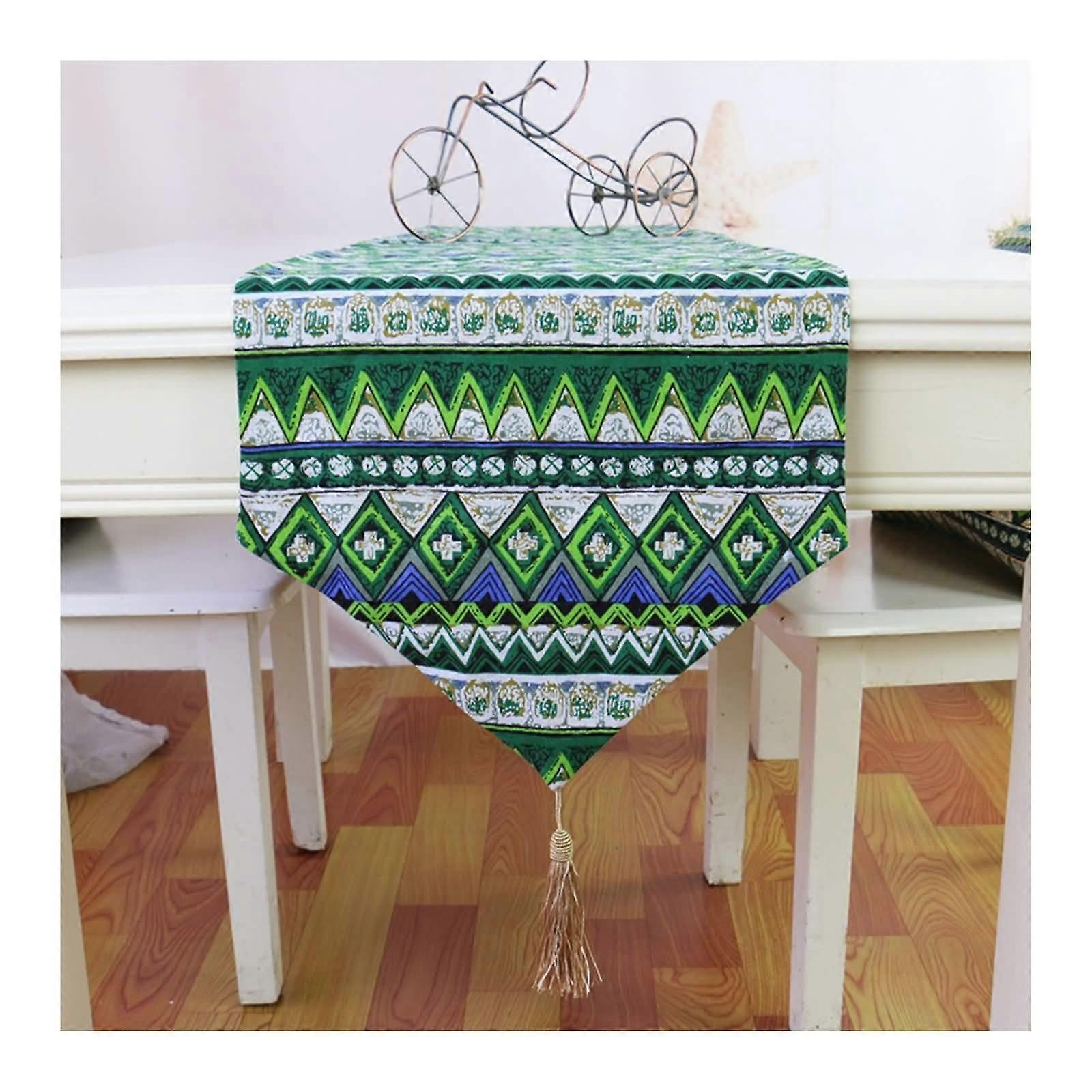 Table Runner Elegant Cotton Linen Table Runner Green Geometric Pattern Tassel Table Runner 32x220cm