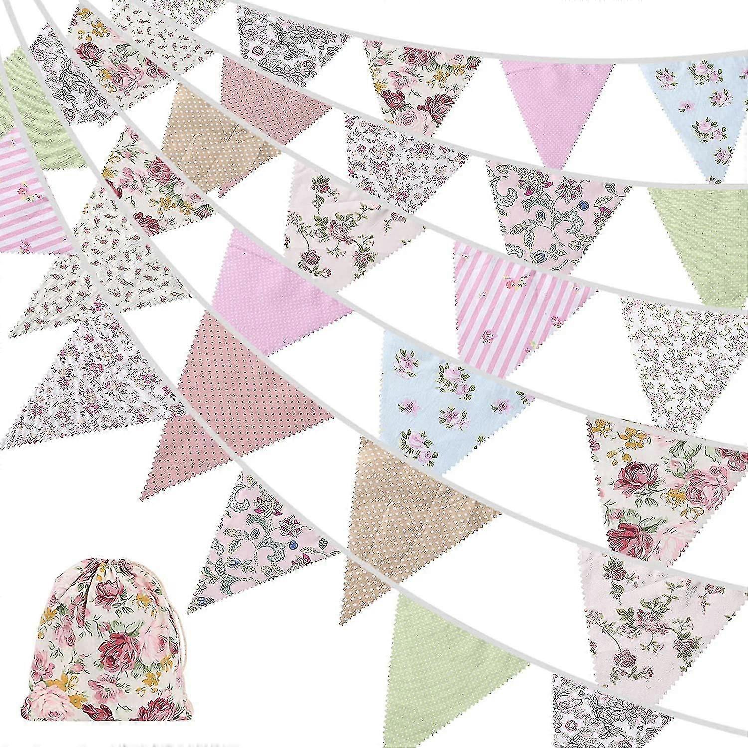 40ft النسيج Bunting، 42pcs في الهواء الطلق بانتينغ بانر، الأزهار خمر القطن مثلث العلم لحديقة عيد ميلاد الحزب