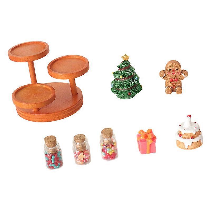 Christmas Theme Miniature Bakery Set With Layered Stand Cream Cake Decors And Candy Jars Doll House Scene Setting Multicolor