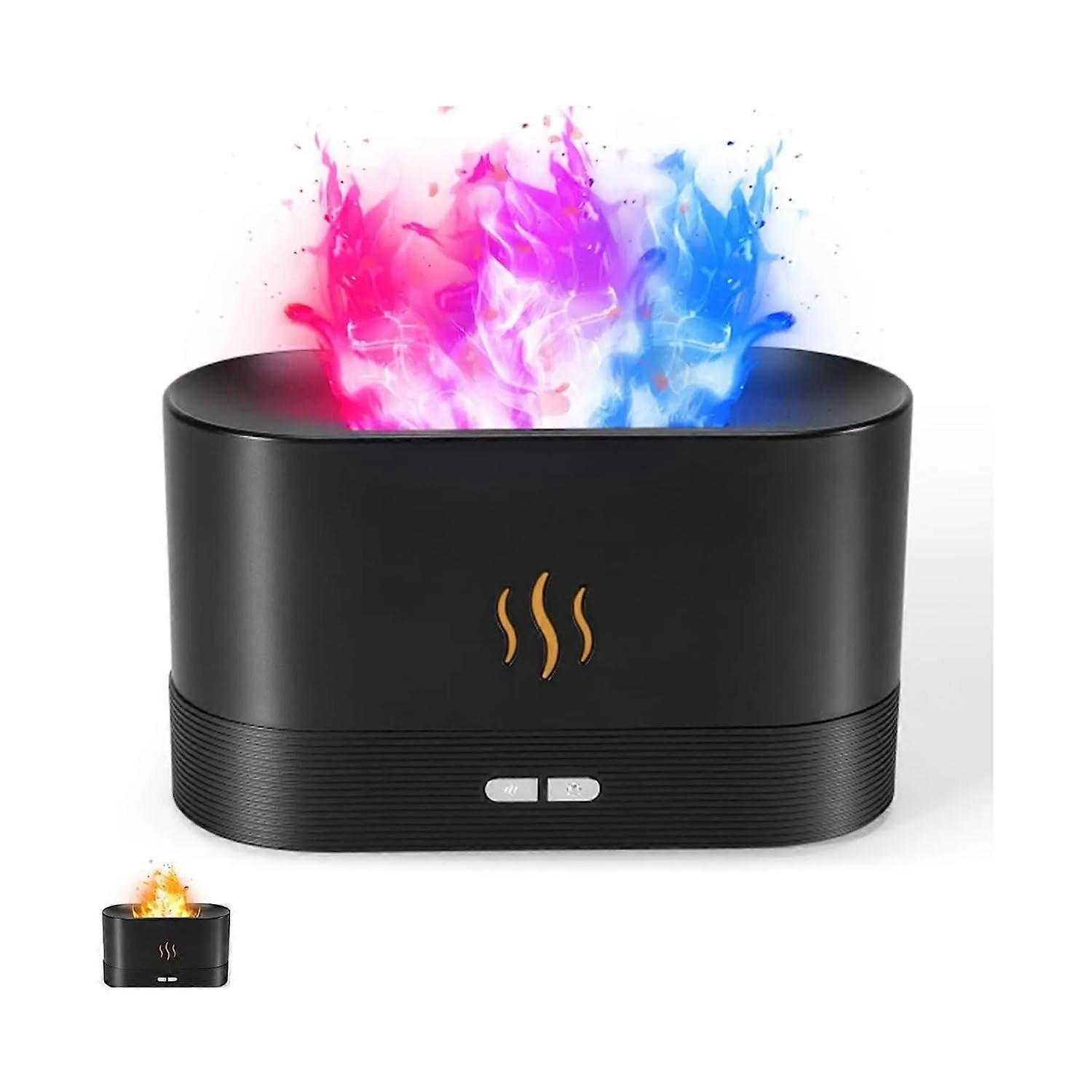 Portable USB Humidifier with Flame Effect, Silent Aroma Diffuser with 7 Color LED Light for Home Car Office (Black)