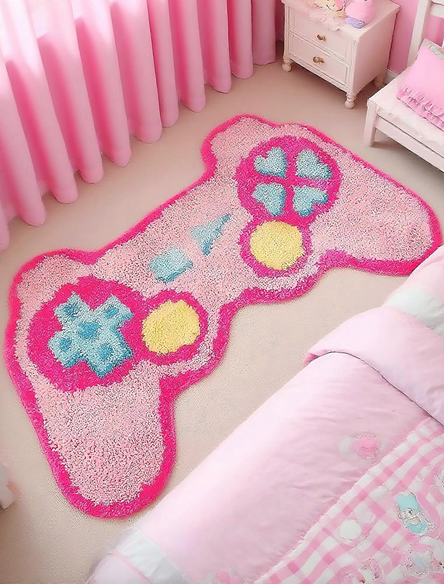 Pink Gaming Rug with Controller Design, Soft Plush Kawaii Gamer Carpet for Bedroom, NonSlip, Washable