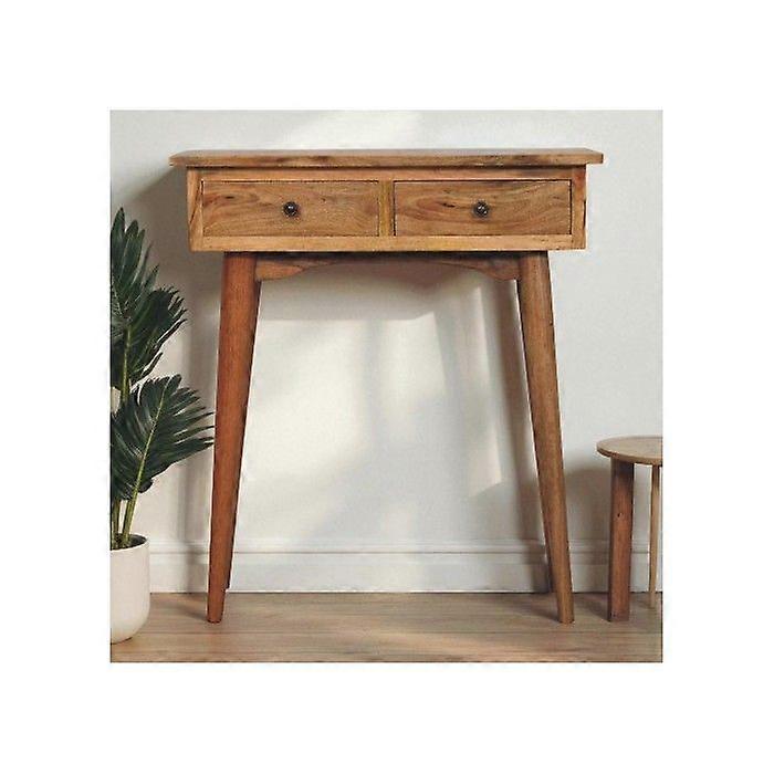Solid Wood Mini Oak-ish Hallway Console Table, 2 Drawers, Brown