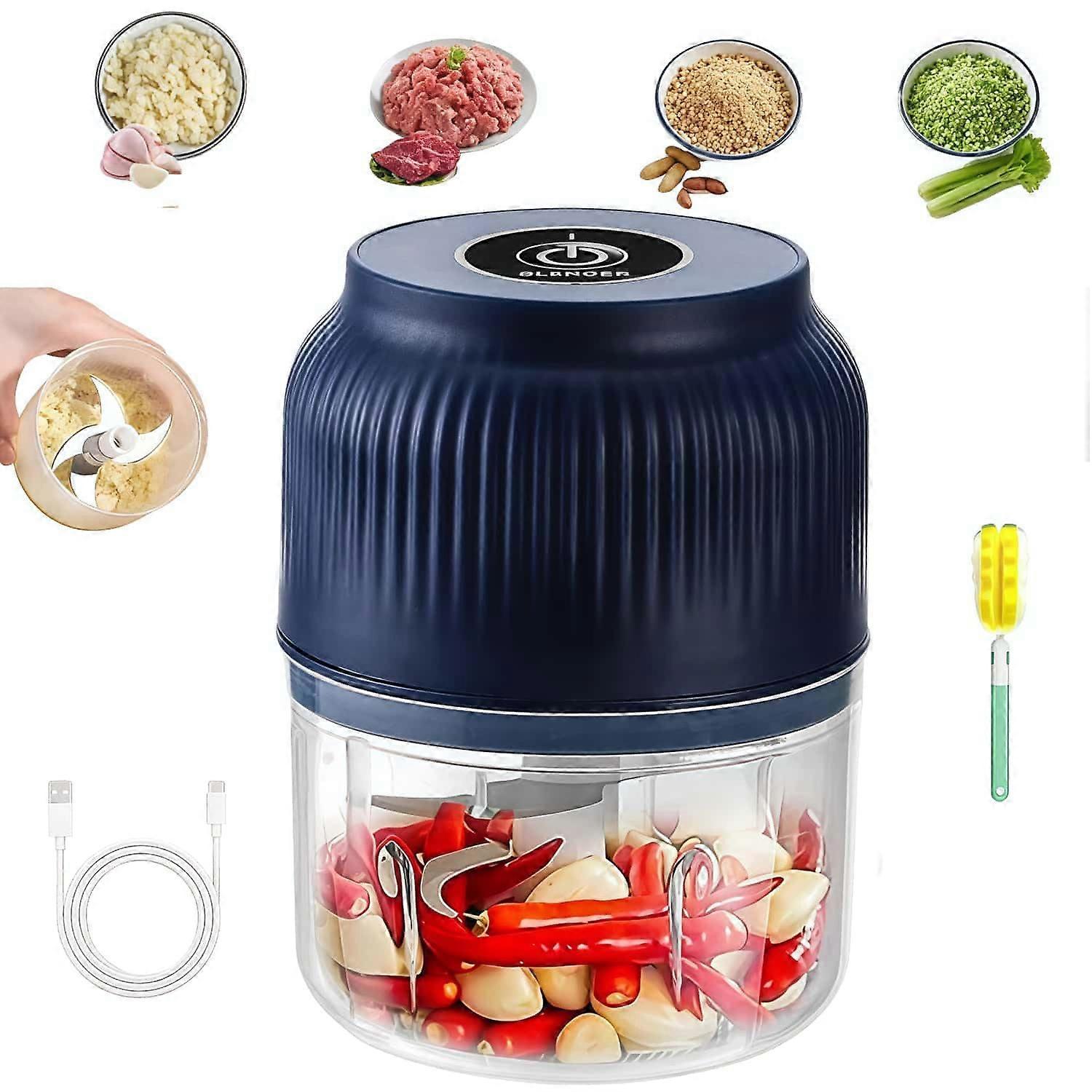 Electric Garlic Chopper Mini Food Processor USB Rechargeable SixBlade for Vegetables Nuts Onions Blue