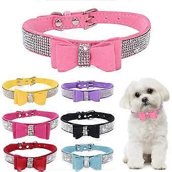 Collares pequeños para perras, lindos collares con diamantes de imitación brillantes y pajarita, collares para cachorros con pajarita de diamantes brillantes para mascotas XXS XS Pequeñas Medianas Grandes