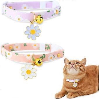 Set of 2 detachable cotton cat collars with bell and pink and purple flower pendant