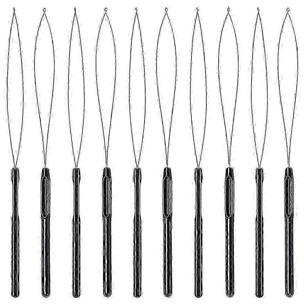 Black Hair Extension Threader Hook Set - 10pcs Loop Tools with Beads