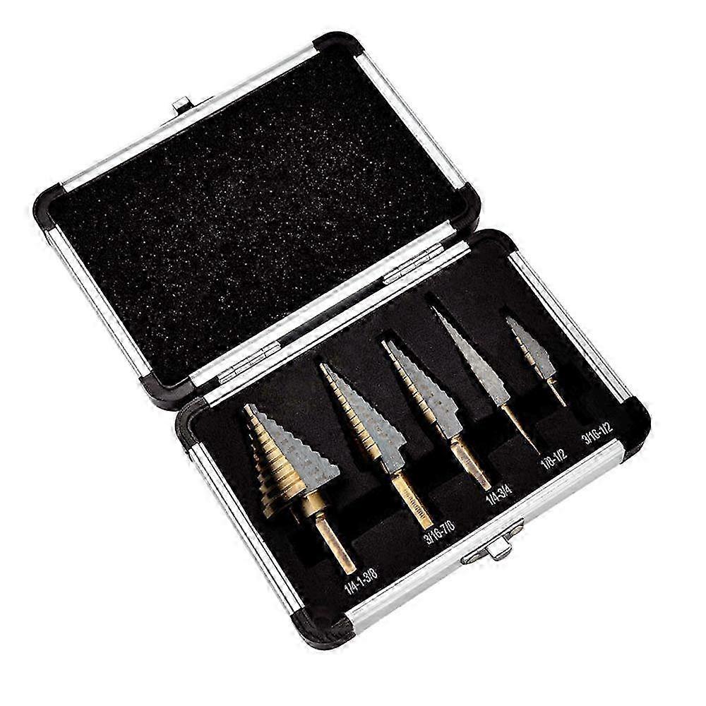 5pcs British System HSS Step Drill Bit Set with Triangular Shape Coating, Triangular Shank Pagoda Drill Bit with Titanium Coating