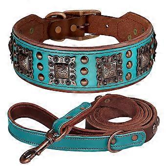 Genuine Leather Wide Dog Collar Leash Set Durable Padded Collars Luxury Metal Rivet Pet Necklace With Rope compatible Dogs Pitbull