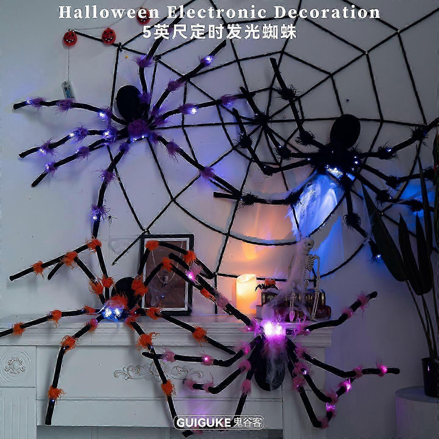 Halloween Plush Spider Timer Automatic Switch Light-Up Multi-Color Theme Park Decoration Orange