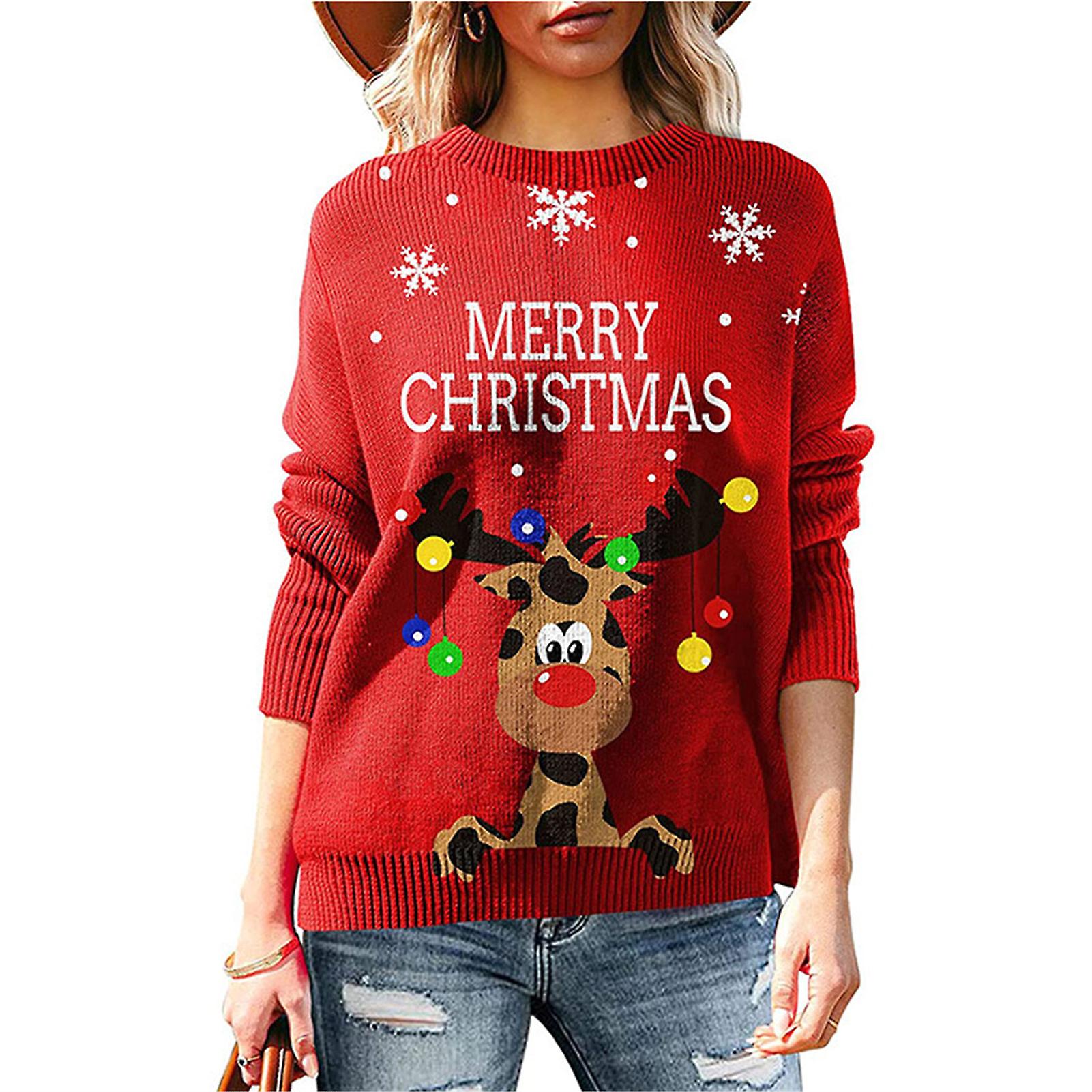 Frauen Weihnachtspullover Warmer Weihnachtsbaum Hirschmuster Pullover Strickpullover