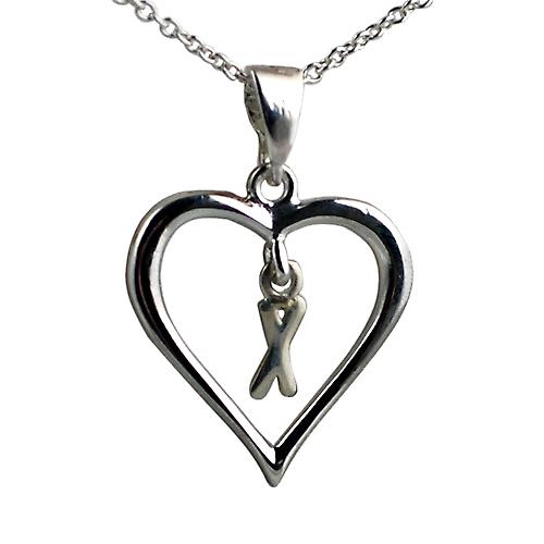Silver 18x18mm initial X in a heart Pendant with a rolo Chain 18 inches