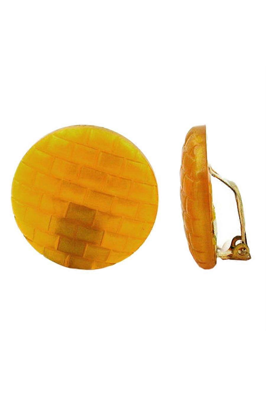 Clip-on Earring Round Yellow Orange Chequer Patterned 28mm - Gl05321