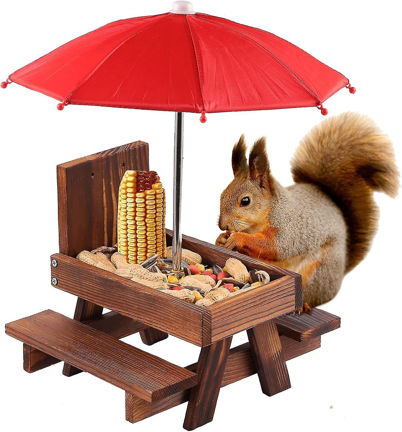 Squirrel Feeder Picnic Table with Umbrella Wooden Squirrel Feeders for Outside with Corn Cobs Cute