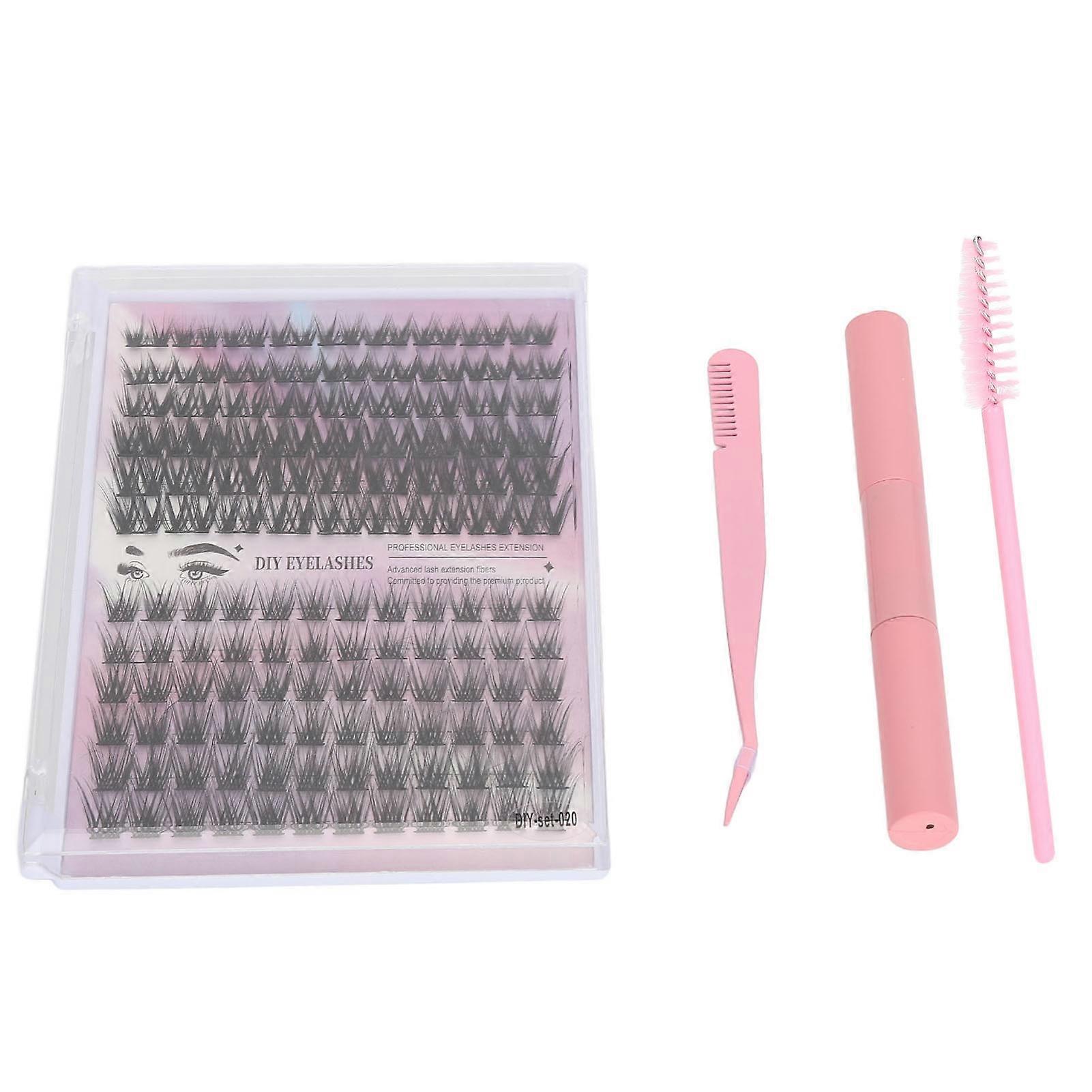 Eyelash Extension Kit 126pcs Clusters Individual D Curl False Lash DIY Extension Kit with 3ml Dual Use Glue Lash Tweezers Brush Pink