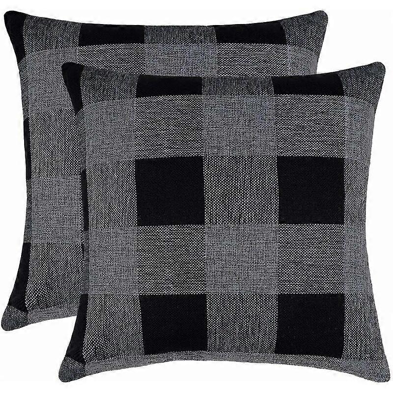 2 Piece Plaid Linen Pillowcase for Upholsterer Black Gray