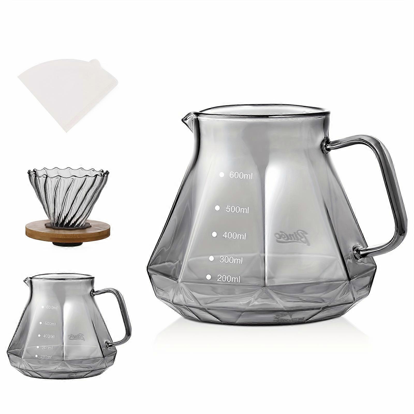 Bincoo Pour Over Coffee Maker Set - Borosilicate Glass Dripper with Walnut Handle & Glass Lid, 50 pcs V60 Paper Filters Included - 600ml Pour Over Cof