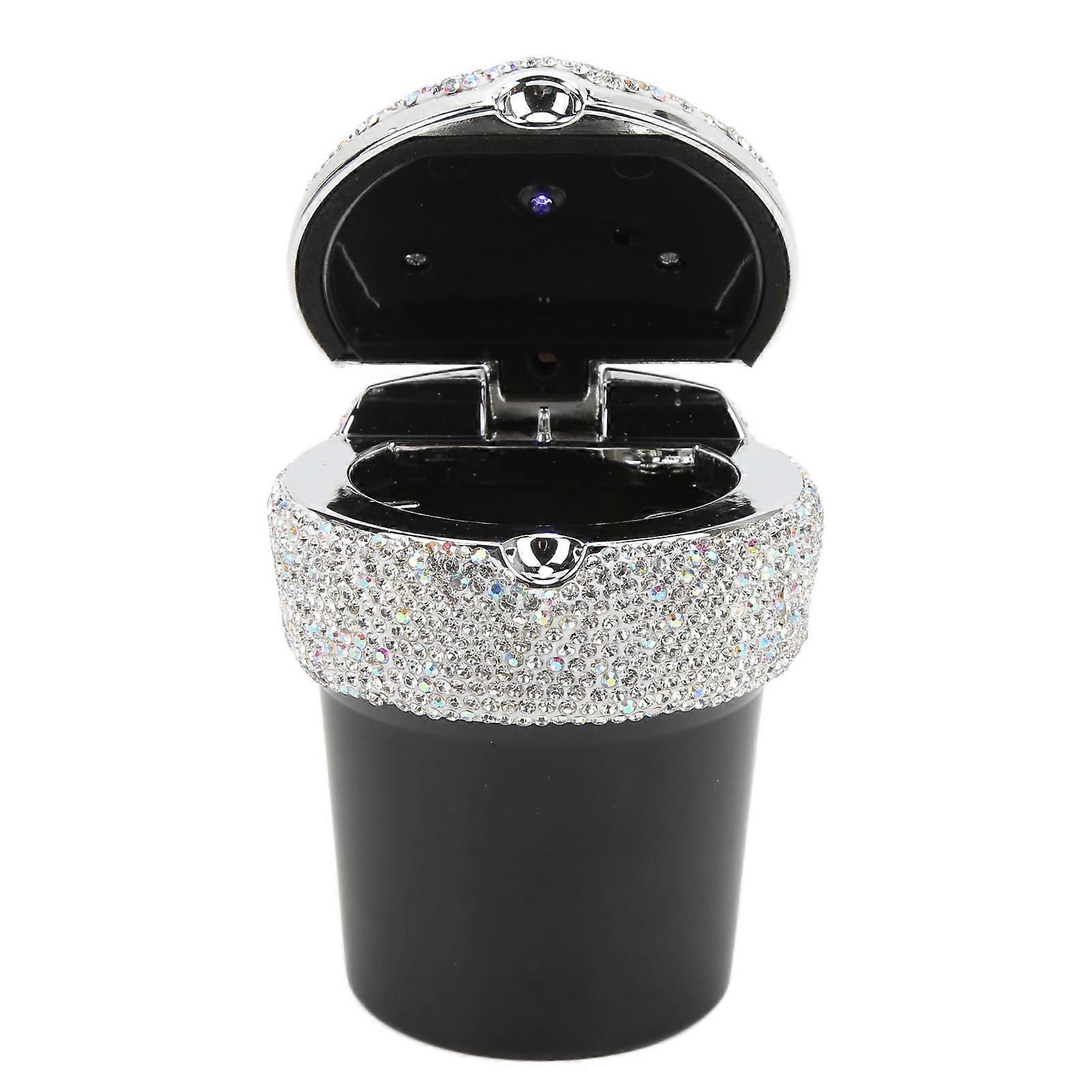 Car Ashtray DiamondStudded Smokeless Container with LED Light Indicator Multifunctional Universal(White )