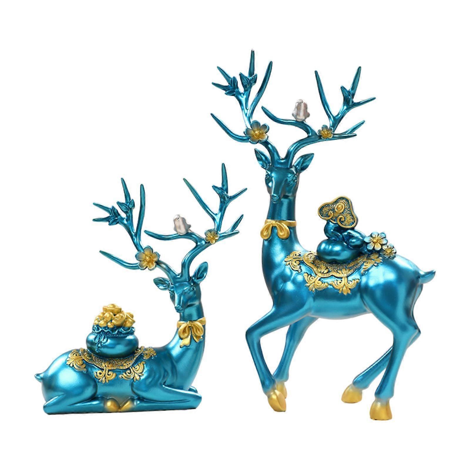 2Pcs Deer Sculptures Resin Tabletop Decorations for Bookshelf Table Entrance Blue