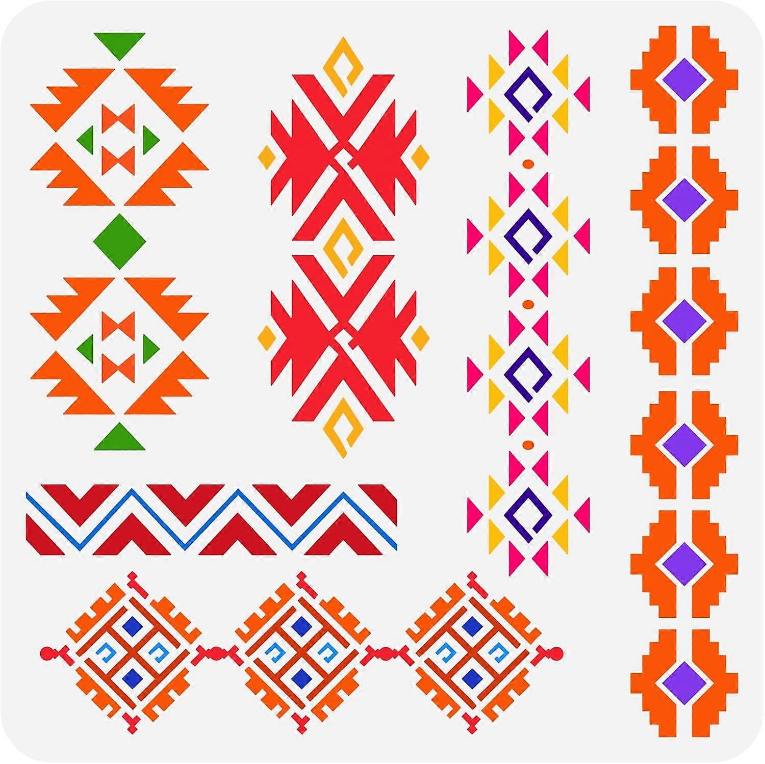 Aztec Tribal Stencil 11.8x11.8 inch Southwest Borders Drawing Painting Stencils Plastic 6 Styles Boho Borders Pattern Stencil Reusable DIY Stencils fo