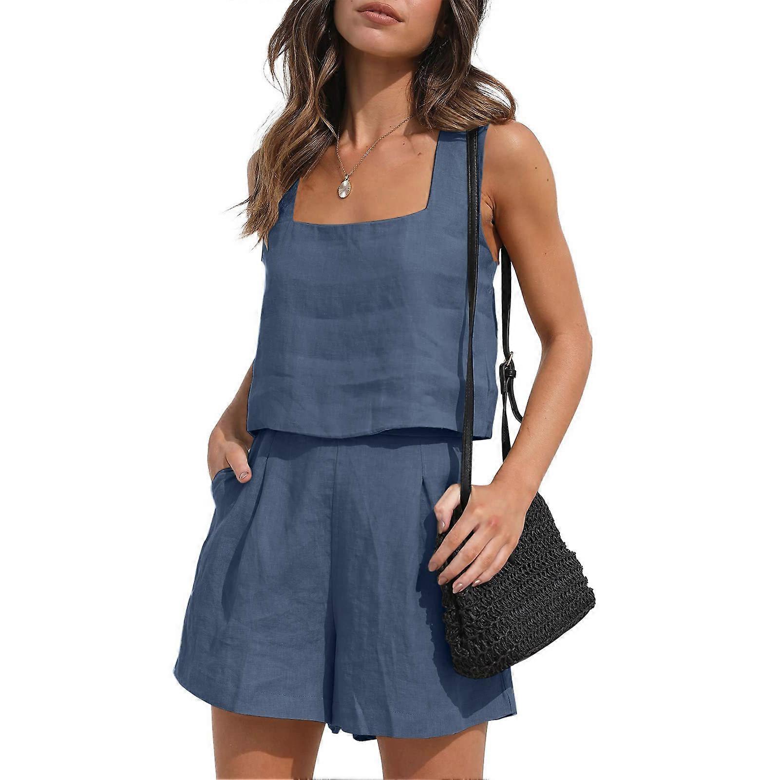 Femmes 2 Pièces Tenues Salon Assorti Ensembles Deux Pièces Lin Shorts Crop Tops Vêtements À La Mode Pour Vacances À La Plage Usage Quotidien