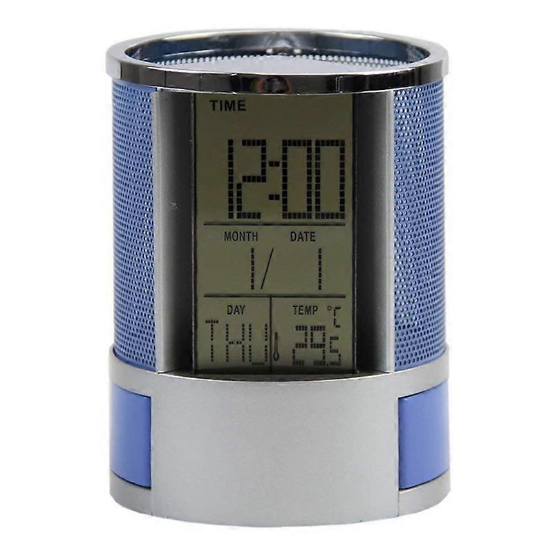 Office LCD Alarm Clock Time Temperature Display Pen Pencil Holder Desk Organizer