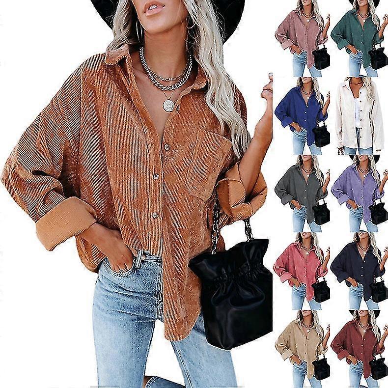 Womens Corduroy Button Down Shirts Tops met lange mouwen