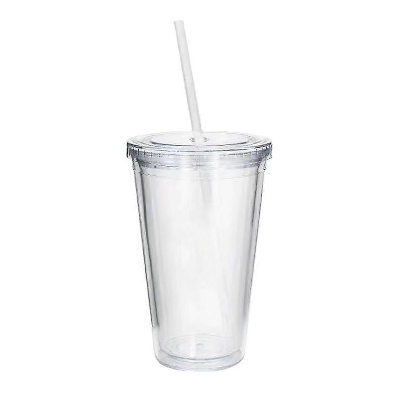 Reusable plastic cup, double-layer transparent drinking cup with straw, suitable for juice