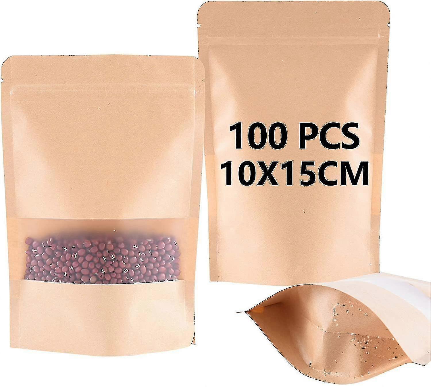 100pcs Kraft Paper Bag Window(10x15x3.5cm), Resealable Stand Up Pouch, Waterproof And Moisture-proof, Reusable, Suitable For Dried Fruit Coffee