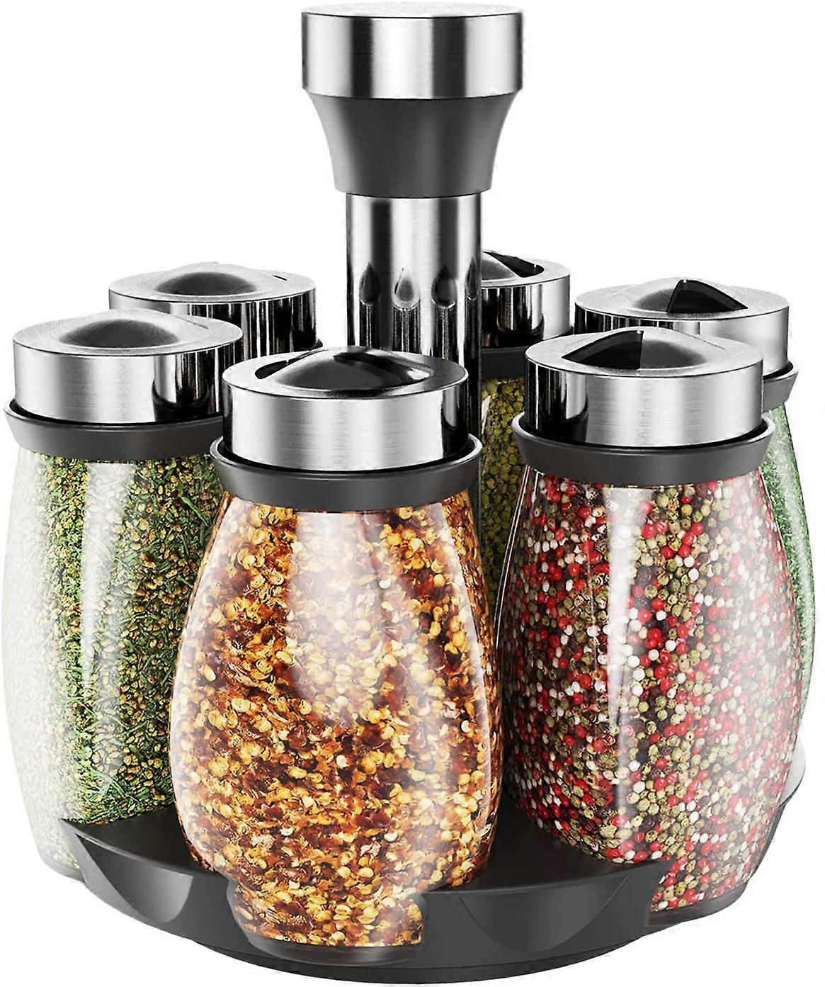 Spice glasses spice shelf, 360 round spice carousel rotatable set, spice stand transparently portable, made of stainless steel with 6 glass spice can