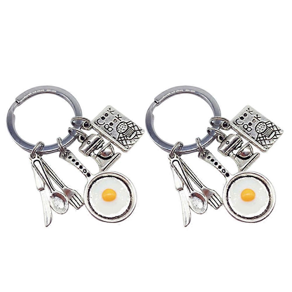 2pcs Fried Egg Keychain Cutting Tool Fork Spoon Tableware Key Rings Cook Book Hanging Keychain Ornament (1#)
