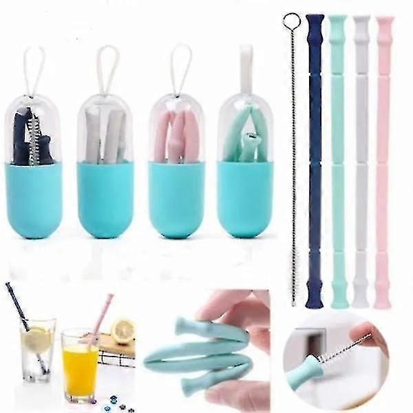 Reusable Drinking Straw,folding Silicone Drinking Straws With Cleaning Brush,party Bar Drinking Accessories