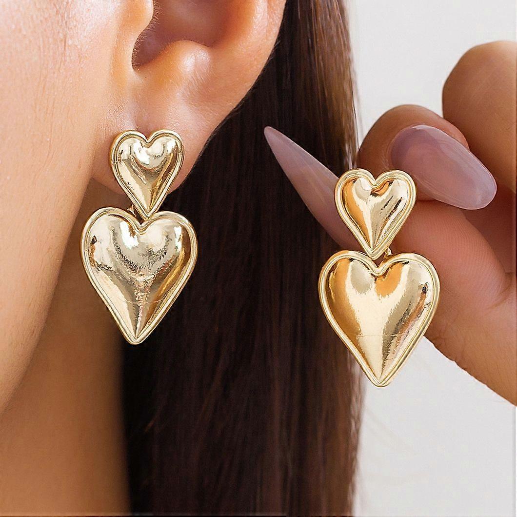 Elegant Punk Double Heart Dangle Earrings for Women Gold Color Smooth Shiny Metal Piercing Pendant Jewelry for Friends