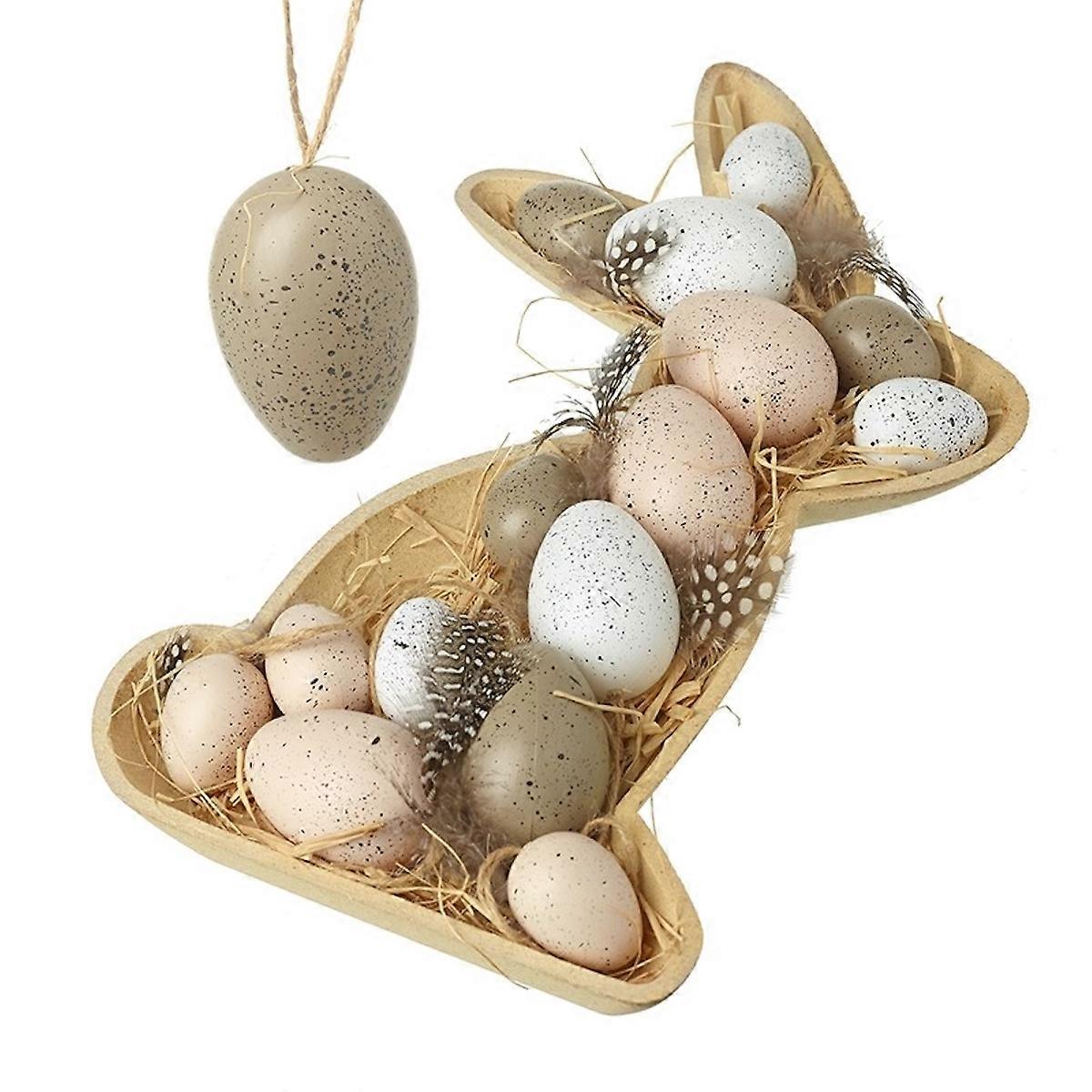 Heaven Sends Rustic Wooden Bunny Tray with Speckled Easter Eggs and Feathers