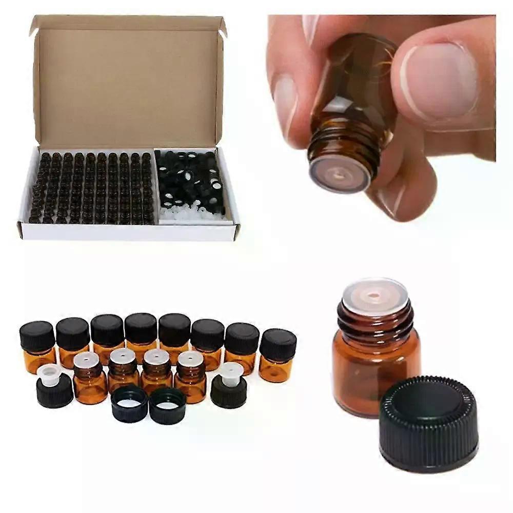 100 stk 1 ml 2 ml 3 ml rav af glas æterisk olieflaske, mini æteriske olieflasker med åbningsreduktion og sort plastikhætte