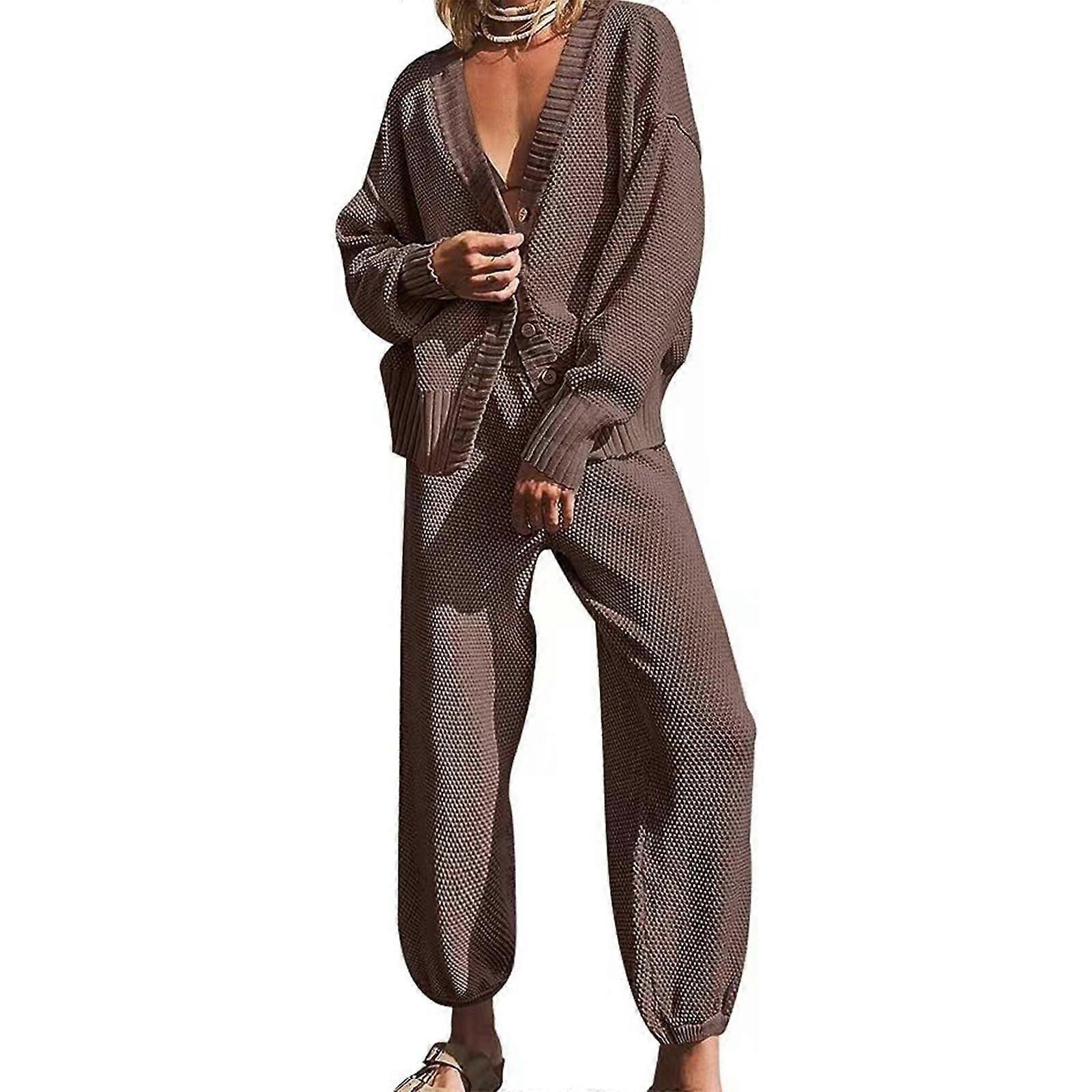 Women Two Piece Lounge Set Long Sleeve Knit Cardigan Jackets Top