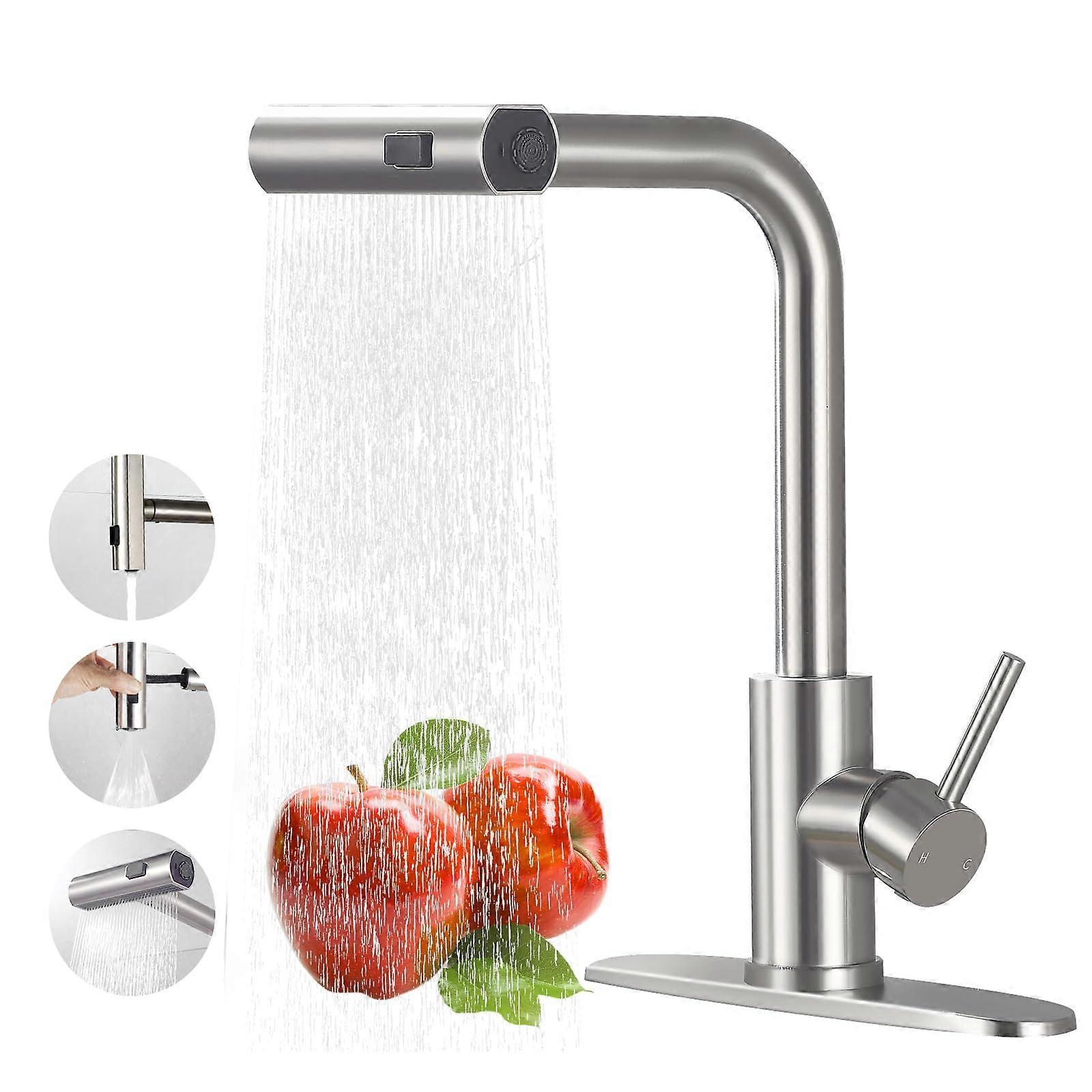 Pull Down Sprayer Kitchen Faucets Brushed Nickel Waterfall 3-Function Single-Handle Commercial Kitchen Faucets