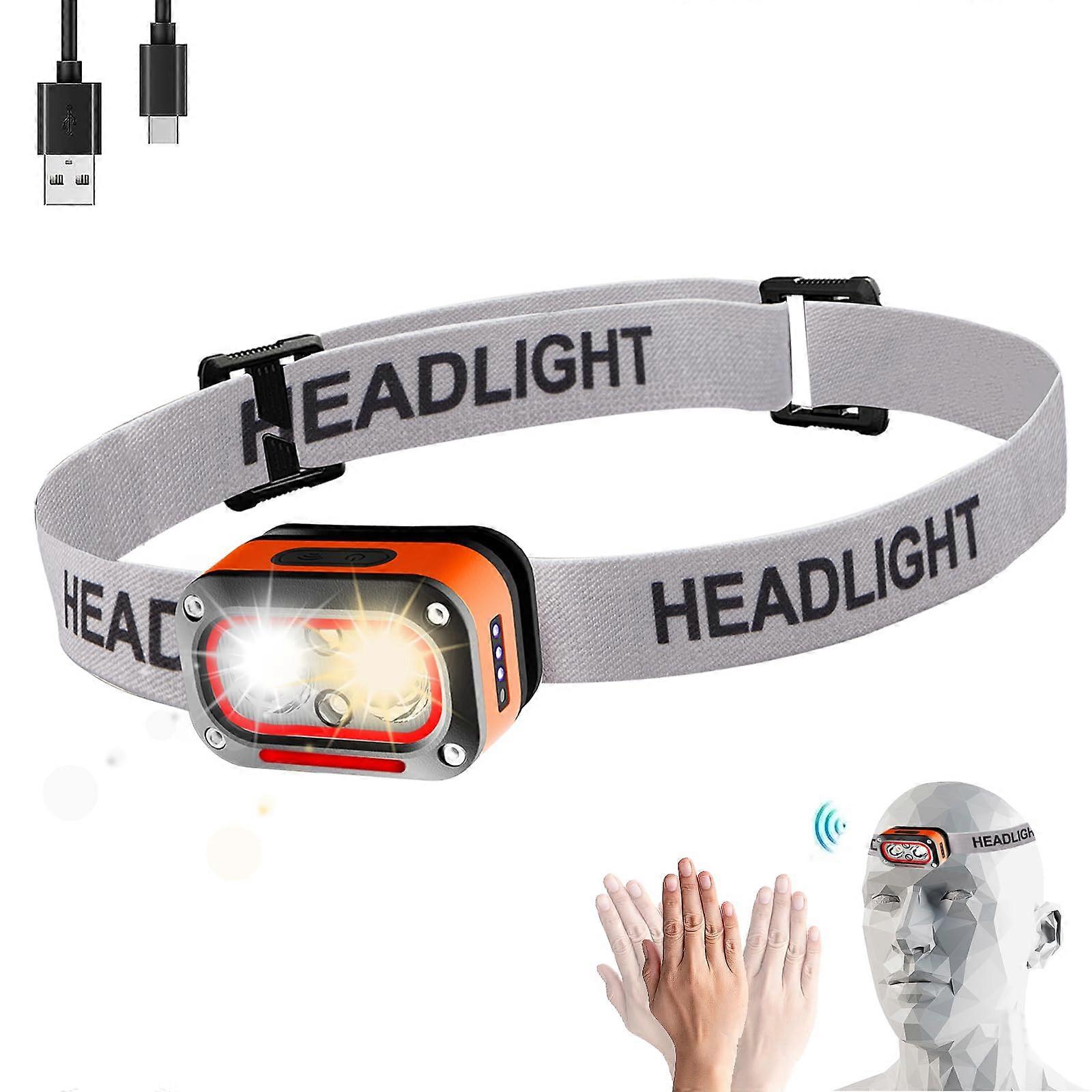 Rechargeable LED Headlamp, Motion Sensor, 150Deg, 45Deg Adjust, 400 Lm, IPX4 Waterproof, 5 Modes Run Fish Camp