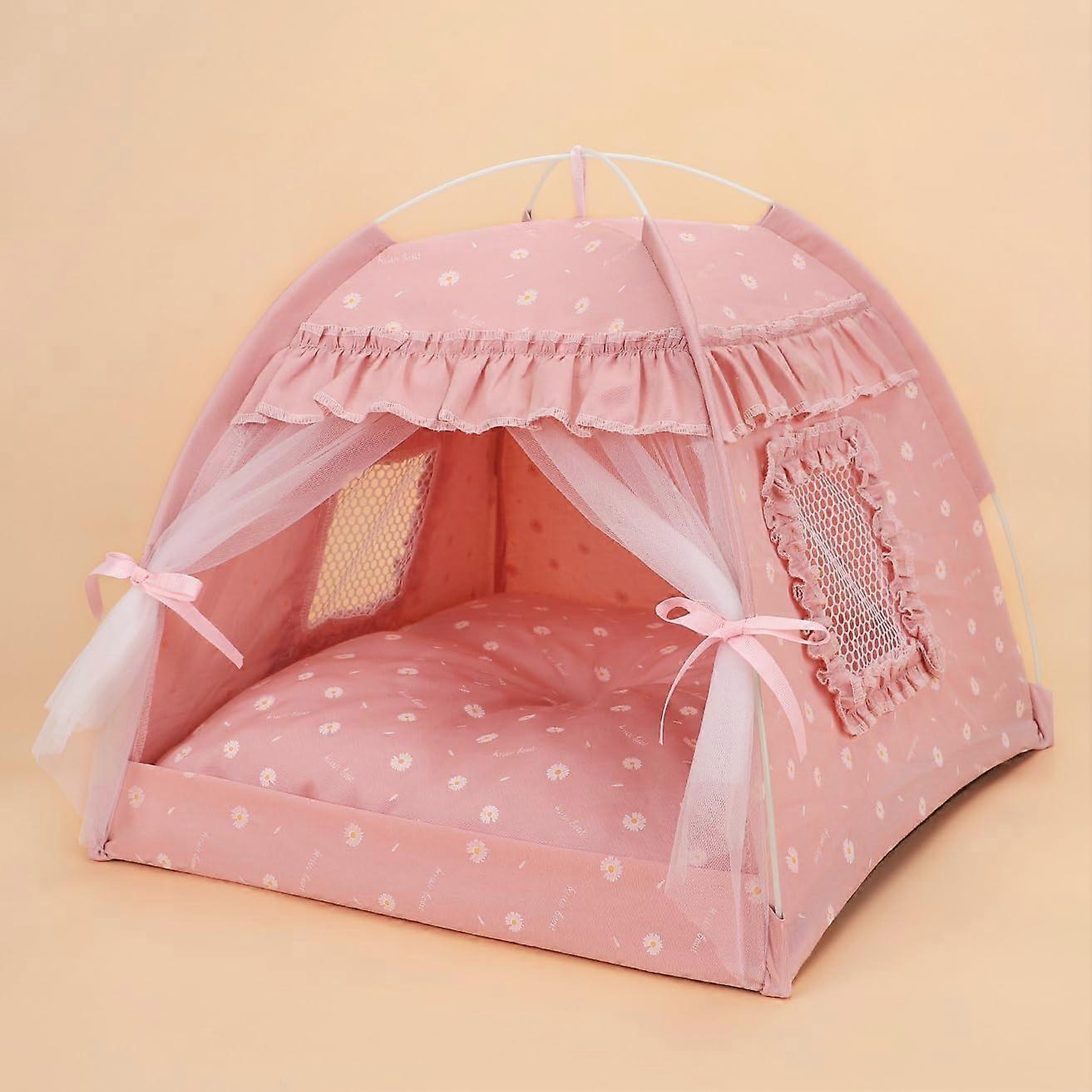 Cat Bed Tents for Small Dogs and Cats, Indoor Outdoor Lace Mesh with Breathable Windows, Removable Teepee Nest in Pink