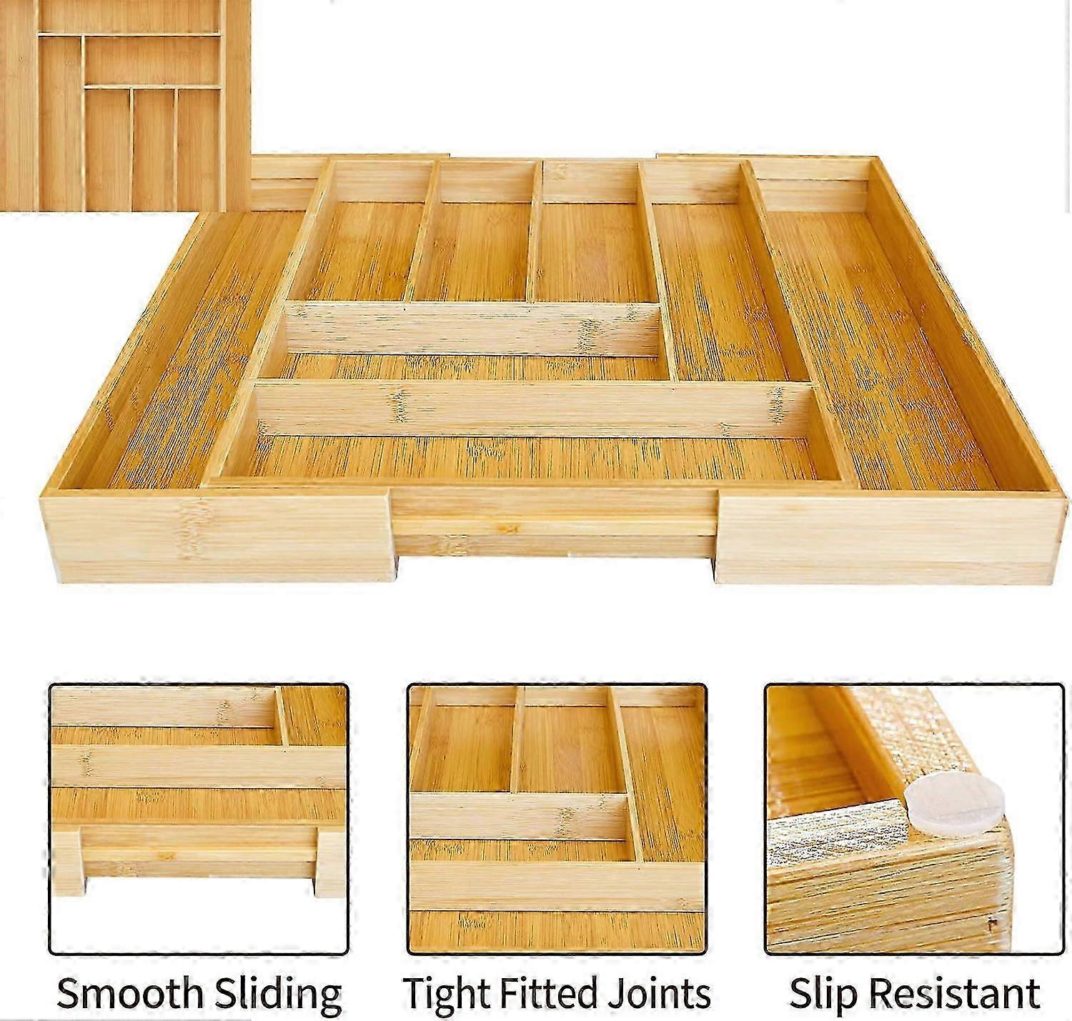 Expandable Bamboo Utensil Drawer Organizer with 8 Compartments