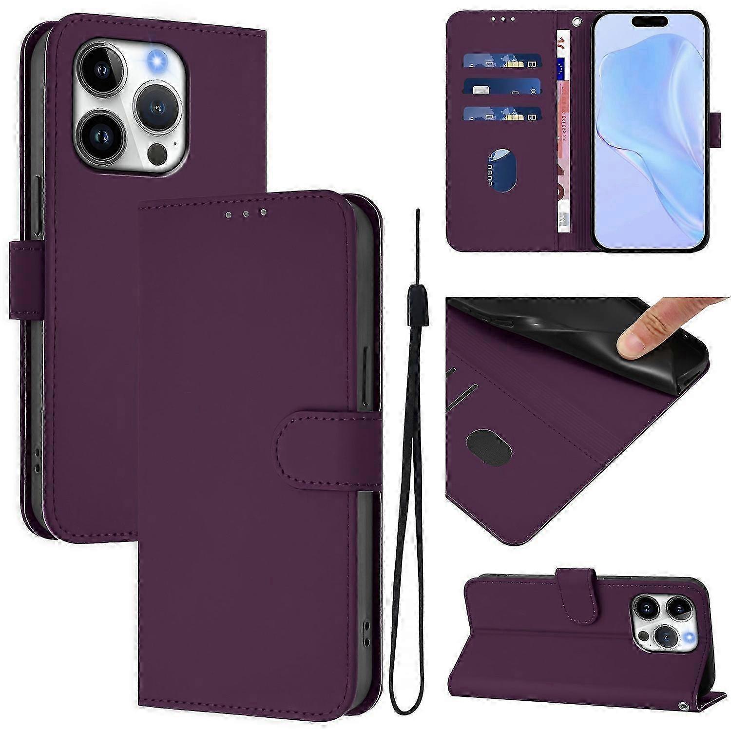 Solid Color Leather Wallet Phone Cover with Strap for Compatible Model - Violet