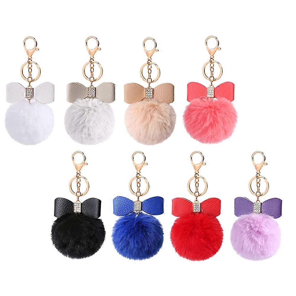 Pompom Key Ring Bow Rhinestone Bag Pendant for Decoration 8Pcs Set