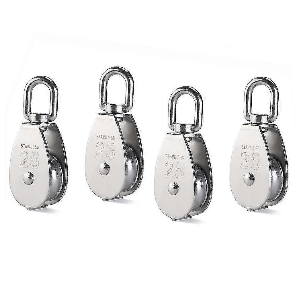 Set of 4 M25 Single Pulley Blocks - 304 Stainless Steel Roller with Crane Swivel Hook for Wire Rope & Cable Loading up to 331Lbs/150Kg