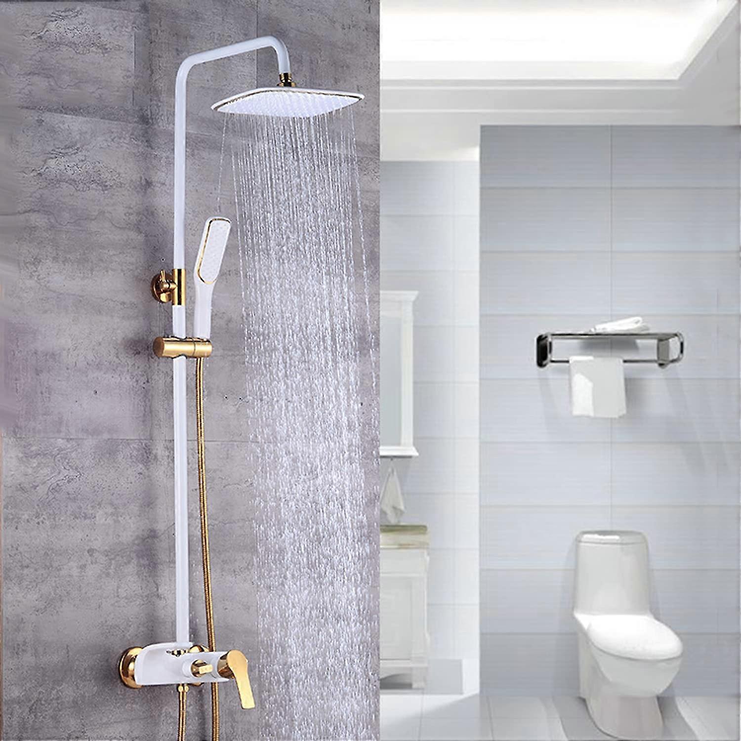 FlushMounted Shower System Set with Rain Shower Head, Shower Arm, White and Gold