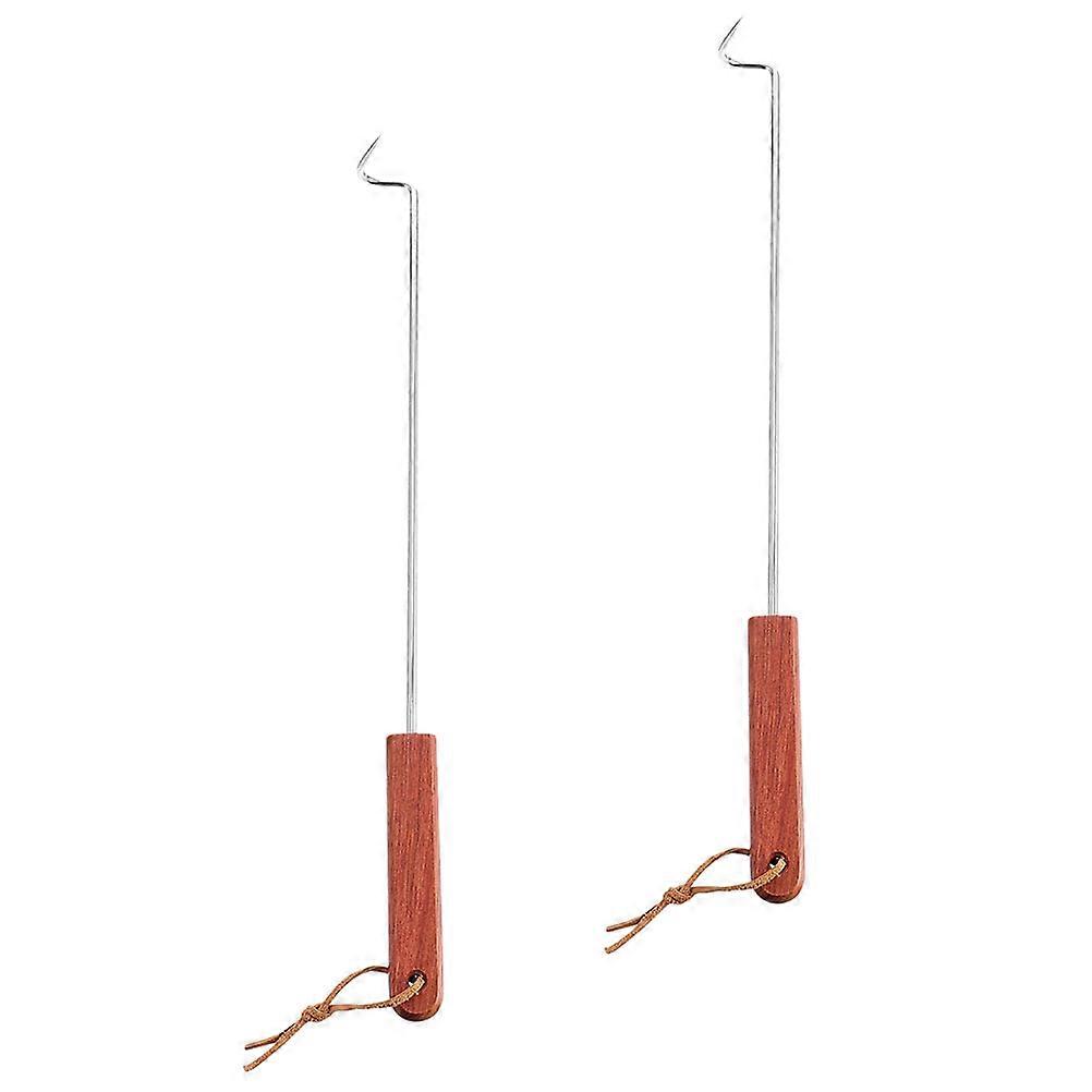 Stainless Steel BBQ Meat Hooks with Wooden Handle for Grilling and Camping 2pcs