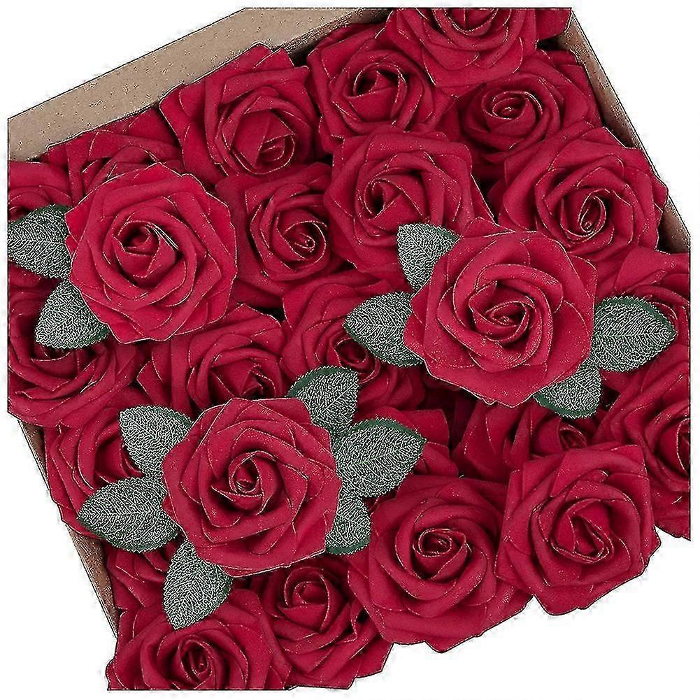50 قطعة ورود رغوة لمسة حقيقية ، زهور اصطناعية حمراء نبيذ مع ينبع لباقات الزفاف ديكور DIY