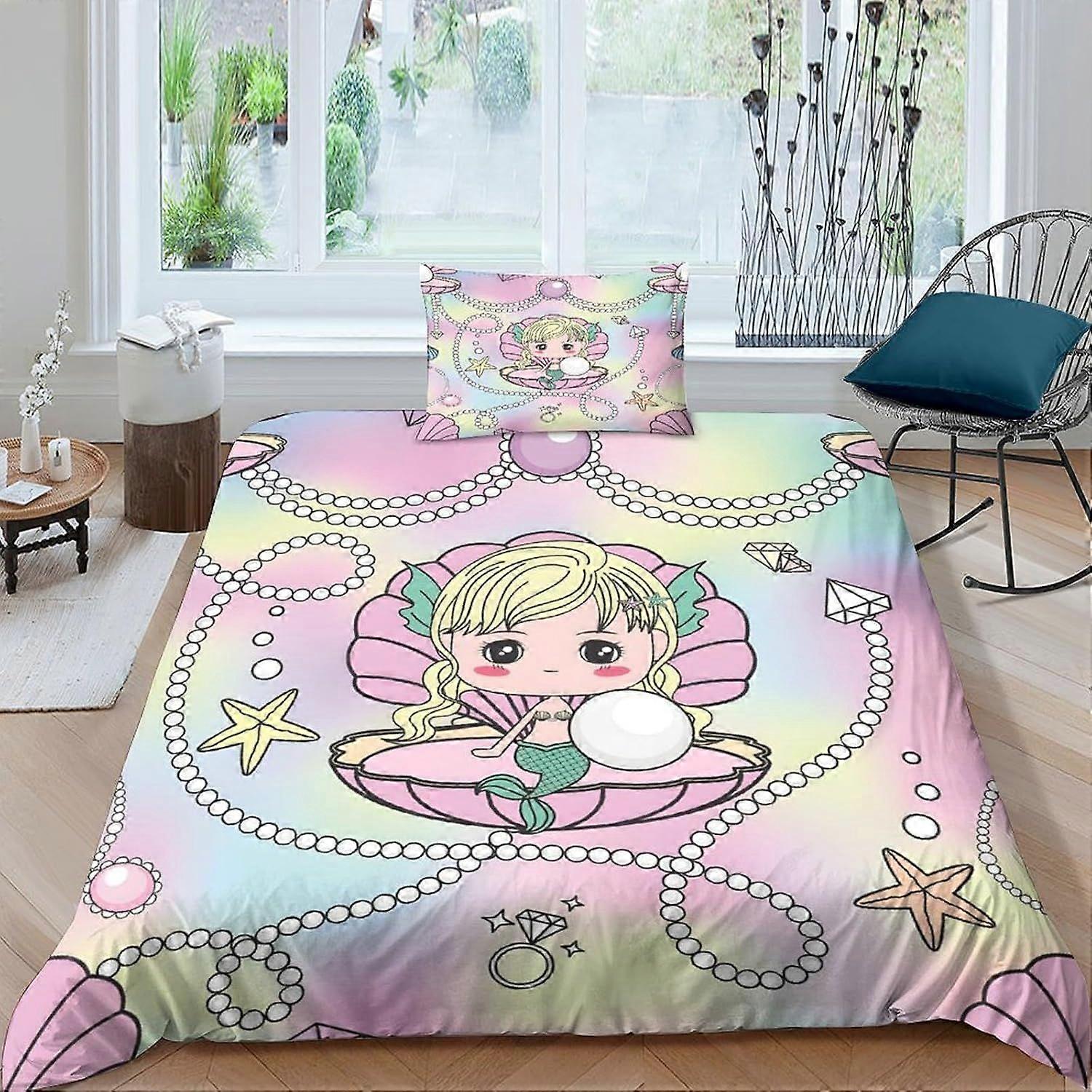 k523 Little Mermaid In Shell Kids Bedding Set,2Pcs Duvet Cover,Comforter Set with Zipper Closure,Soft Microfiber for Teens And Adults Single o523