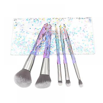 Veeki 5pcs Makeup Brush Set PVC Packaging, Clear Diamond Crystal Handle Eye Brush Blush Brush Beauty ToolsColorful Gradient Handle-Grey Mouth Tube_HMY