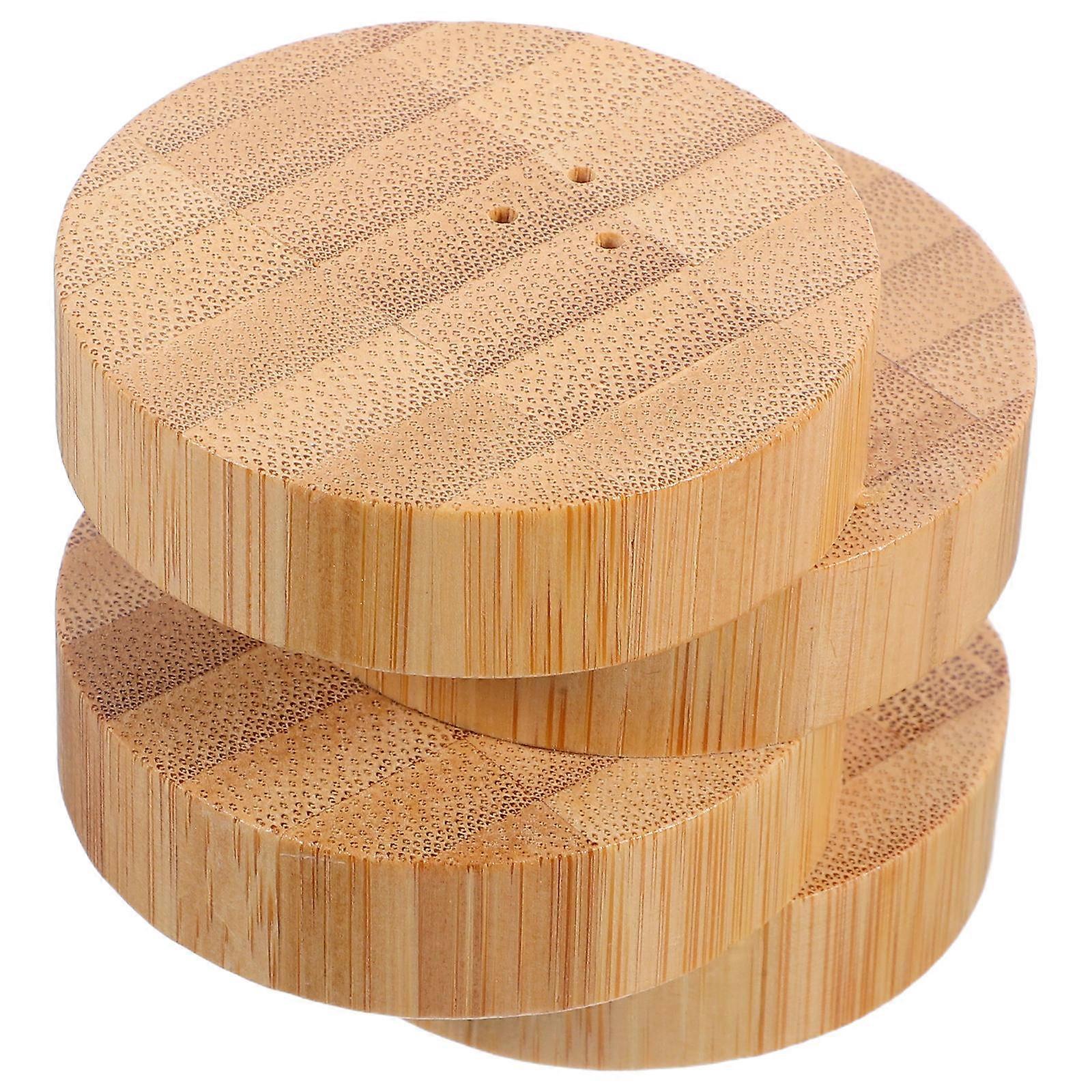 Kitchen Bamboo Spice Jars Round Seasoning Holder 2Pcs Light Brown Container