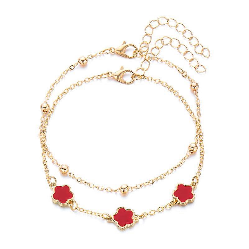 Anklet, Beach Vacation Style Lucky Five-petal Flower Clover Summer Vibe Double Layer Flower Chain