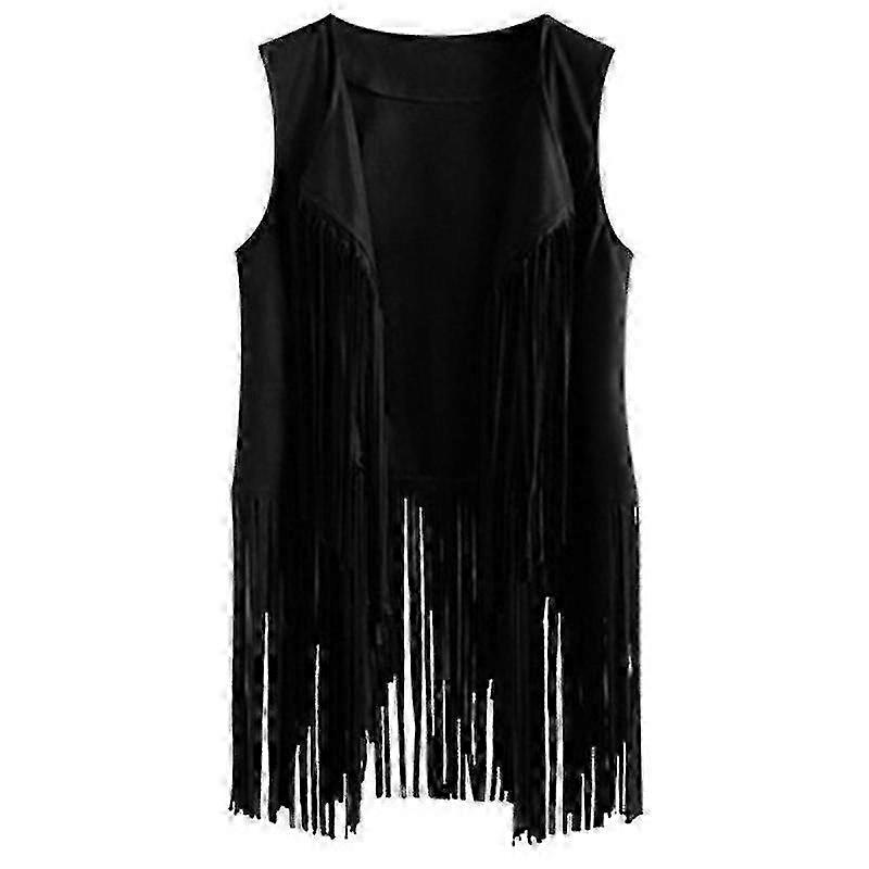 Women's Faux Suede Sleeveless Cardigan with Fringe Tassels - 70s Hippie Open Front Style for Jacket